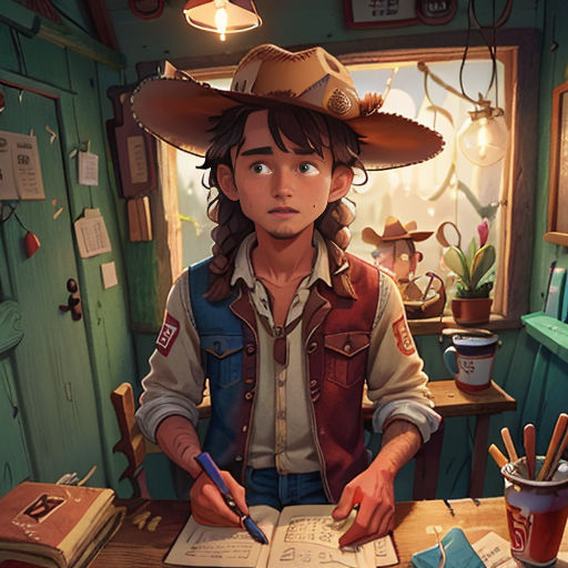 a man in a cowboy hat sitting at a table with a book and pen in his hand and a cup of coffee