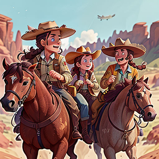 a group of people riding on the backs of horses in the desert with a plane flying overhead in the background