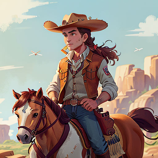 a man in a cowboy hat riding a horse in a desert landscape with a bird flying overhead in the sky
