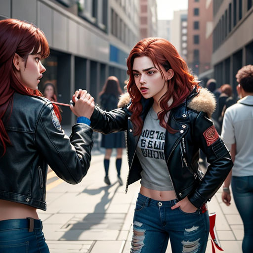 two women standing on a street talking to each other with a cigarette in their mouth and a man in a black jacket