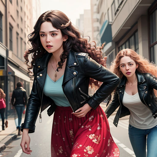 two women walking down a street in a city with tall buildings in the background and a woman in a red dress