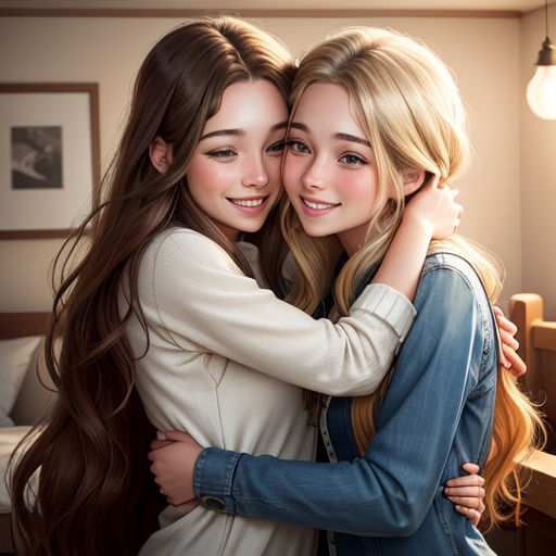 two girls hugging each other in a bedroom with a bed and a desk in the background and a light bulb hanging above