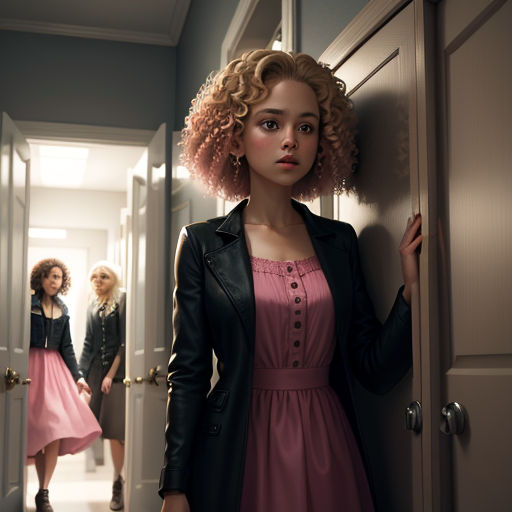 a woman in a pink dress standing in a hallway with two other women in the background and a door open