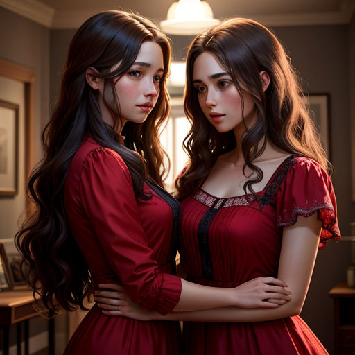 two women in red dresses standing next to each other in a room with a mirror on the wall and a light on