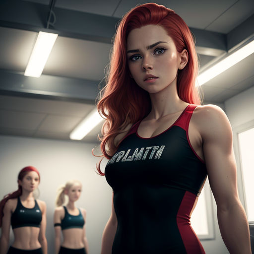 a woman in a black and red top standing in a room with other women in black and red tops