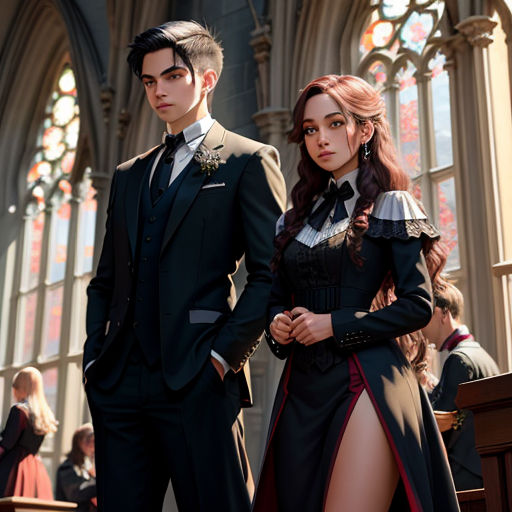 a man and a woman in gothic clothing standing in front of a church alter with stained glass windows and stained glass