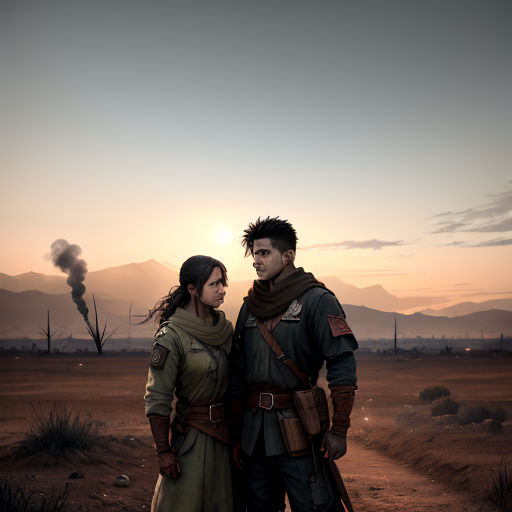 a man and a woman standing in the desert at sunset with smoke coming out of the sky behind them