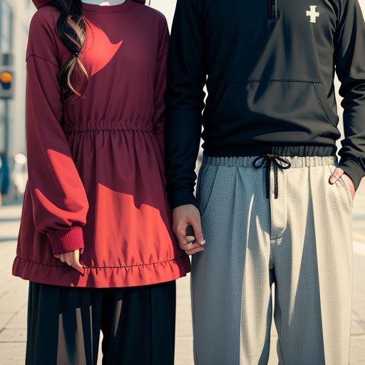 a man and a woman standing next to each other on a sidewalk with a cross on their shirt on