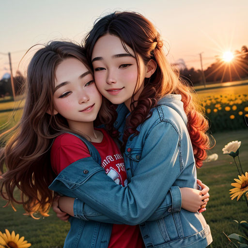 two girls hugging each other in a field of sunflowers at sunset with the sun shining behind them