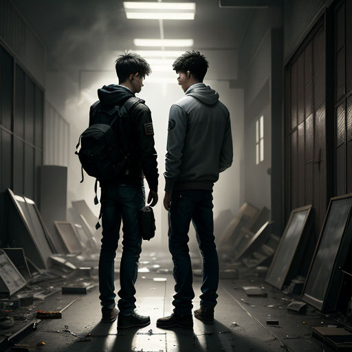 two men standing in a hallway with a backpack on their shoulders and a backpack on their shoulder, looking at something