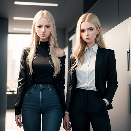 two women in black and white outfits standing next to each other in a hallway with a door and a light