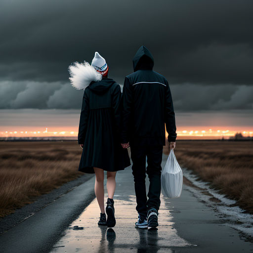 a man and a woman walking down a road under a cloudy sky with a white feather on their head