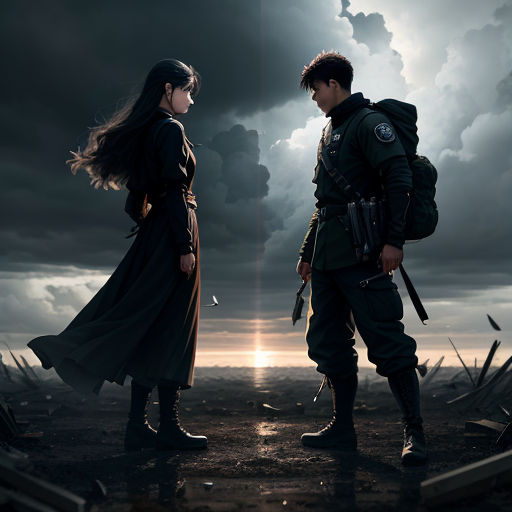 a man and a woman standing in a field under a cloudy sky with a gun in hand and a backpack on their back
