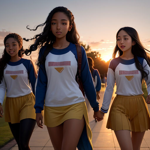 three girls walking down a sidewalk at sunset with long hair in the wind and a backpack on their back