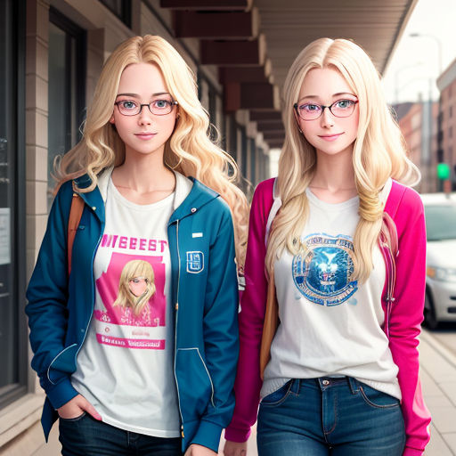 two women standing next to each other on a sidewalk near a building with cars parked on the side of the street