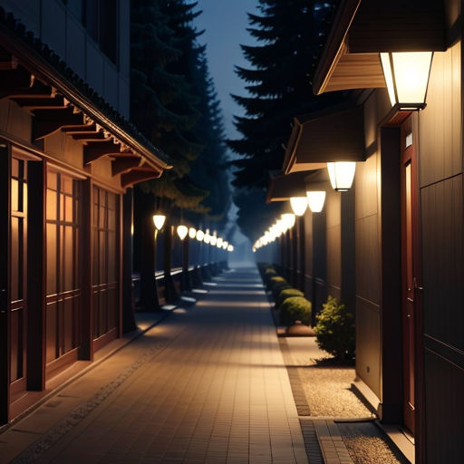 a long narrow street with lights on each side of it at night time with pine trees in the background