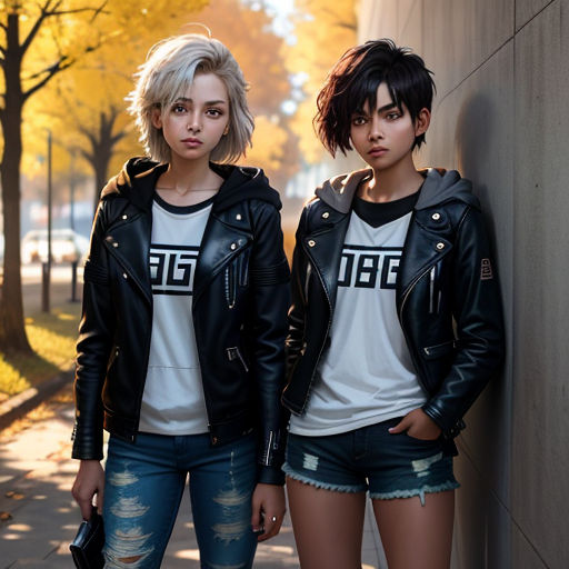 two young women standing next to a wall in a city street wearing black leather jackets and white t - shirts