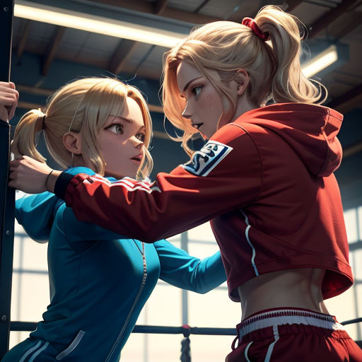 two women in sports wear are standing near each other in a gym area with a window behind them and a wall behind them
