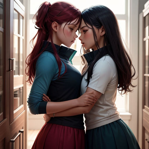 two girls are standing together in a doorway and hugging each other with their heads close to each other,