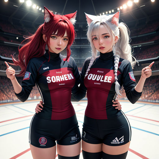 two women in cats ears uniforms standing in a hockey arena with a stadium in the background and a stadium floor