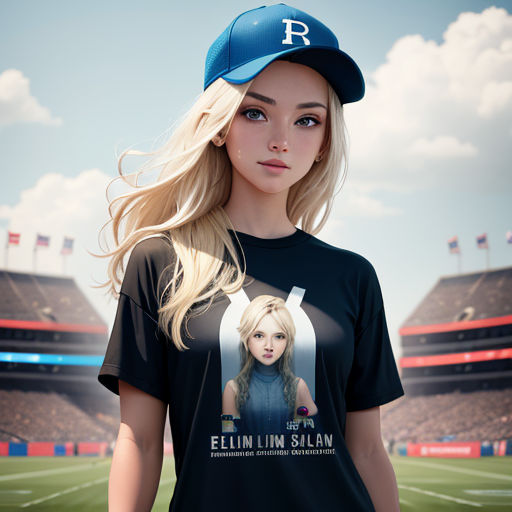 a woman with a baseball cap on stands in front of a stadium field with a picture of a woman on it