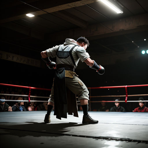 a man in a ring with a boxing ring in the background and a crowd watching him from the stands
