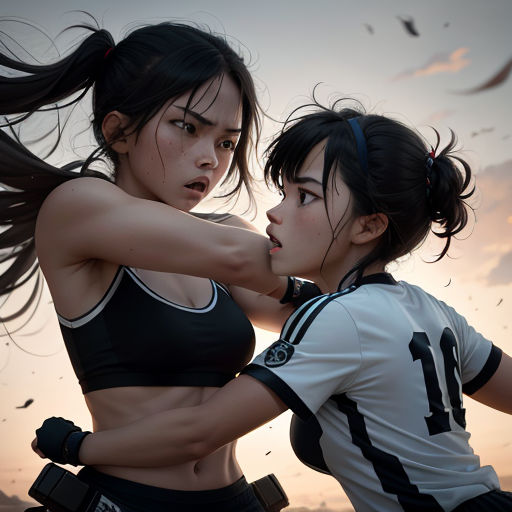 two women in sports wear are fighting with each other in a field with birds flying overhead in the background