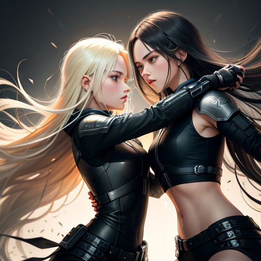 two women in leather outfits are holding guns and posing for a picture together, with long hair blowing in the wind