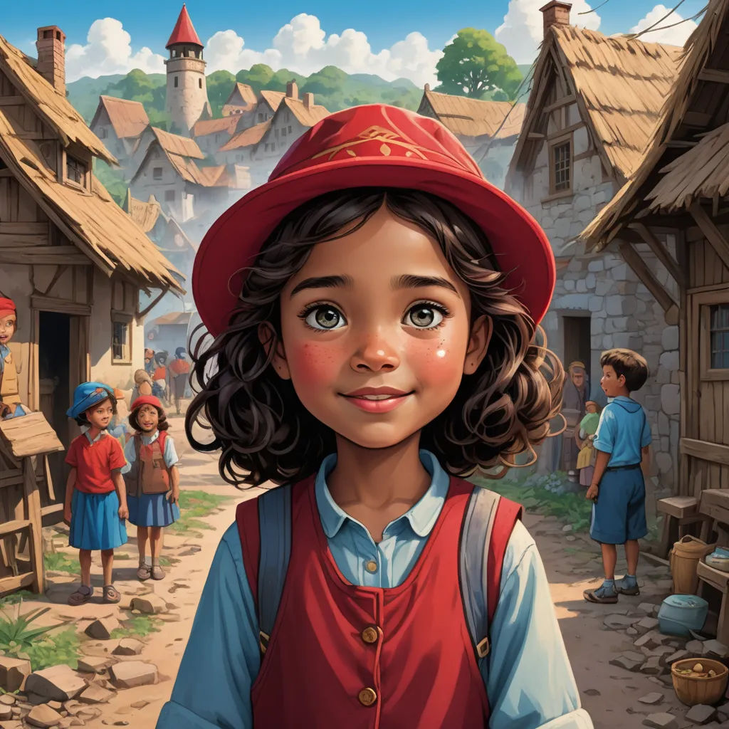 a painting of a girl in a red hat and a village with children in the background and a man in a red hat, fantasy art, a storybook illustration, Bob Byerley, storybook illustration