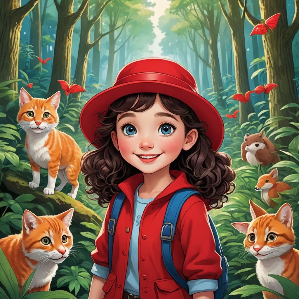a girl in a red hat and red jacket standing in a forest with cats and birds around her, with a red hat on, serial art, a storybook illustration, Anne Said, comic cover art