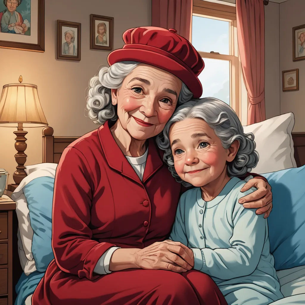 a painting of an elderly woman hugging a younger woman on a bed in a bedroom with a lamp on the side, sots art, a storybook illustration, Bob Byerley, storybook illustration