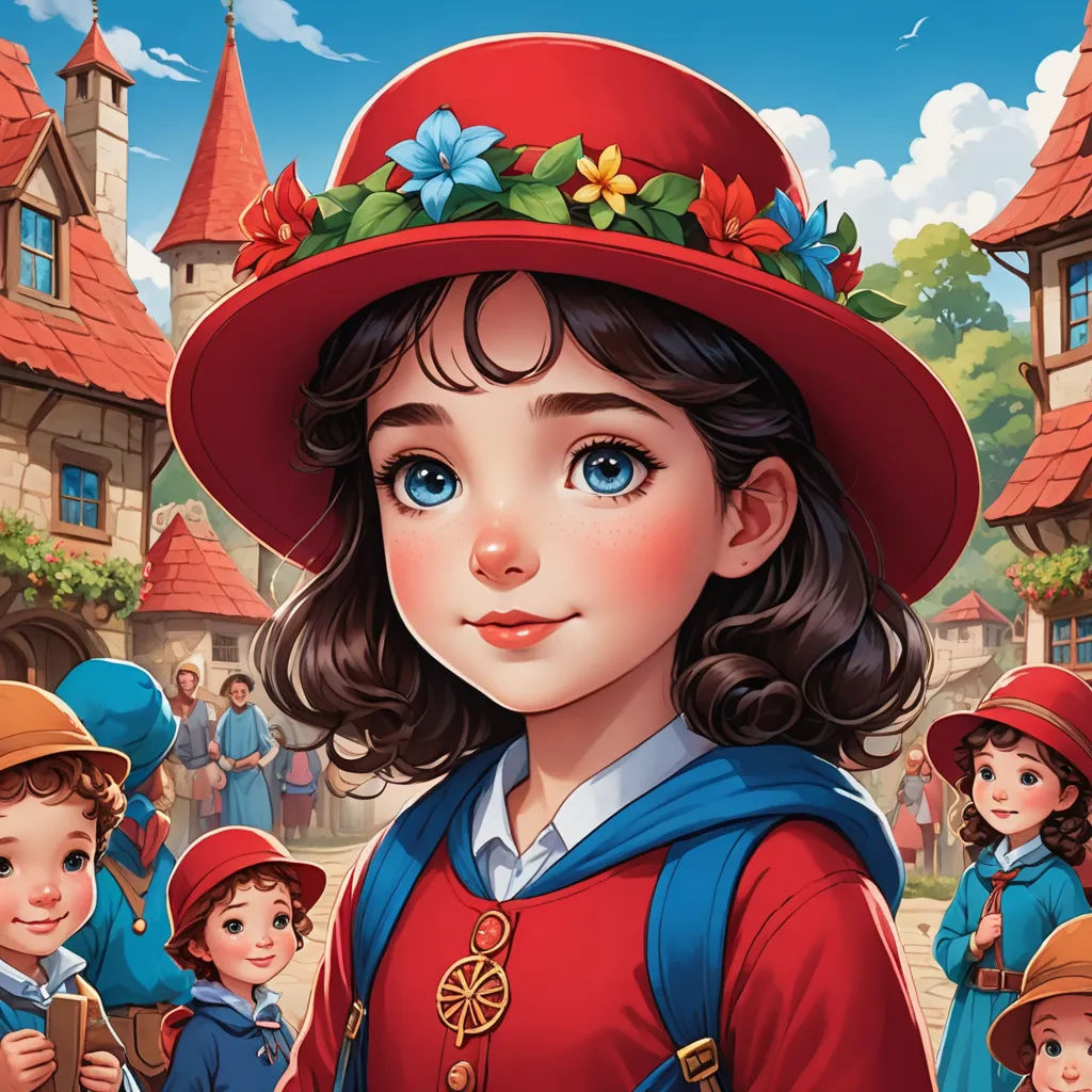 a painting of a girl in a red hat with other children in the background and a castle in the background, naive art, a storybook illustration, Anne Said, trending on art station