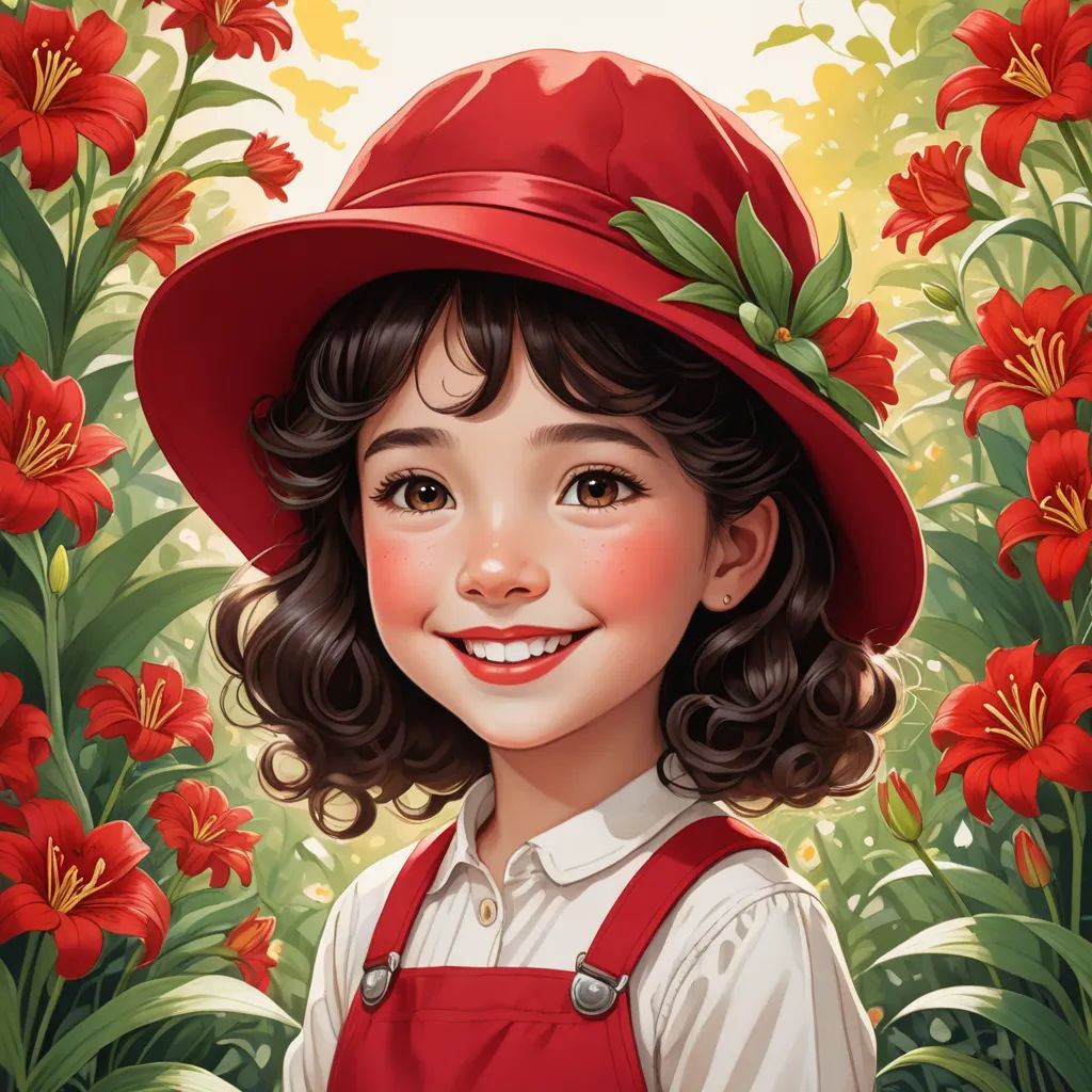 a painting of a little girl wearing a red hat and overalls in front of flowers and a field, photorealism, an ultrafine detailed painting, Chen Lin, trending on art station