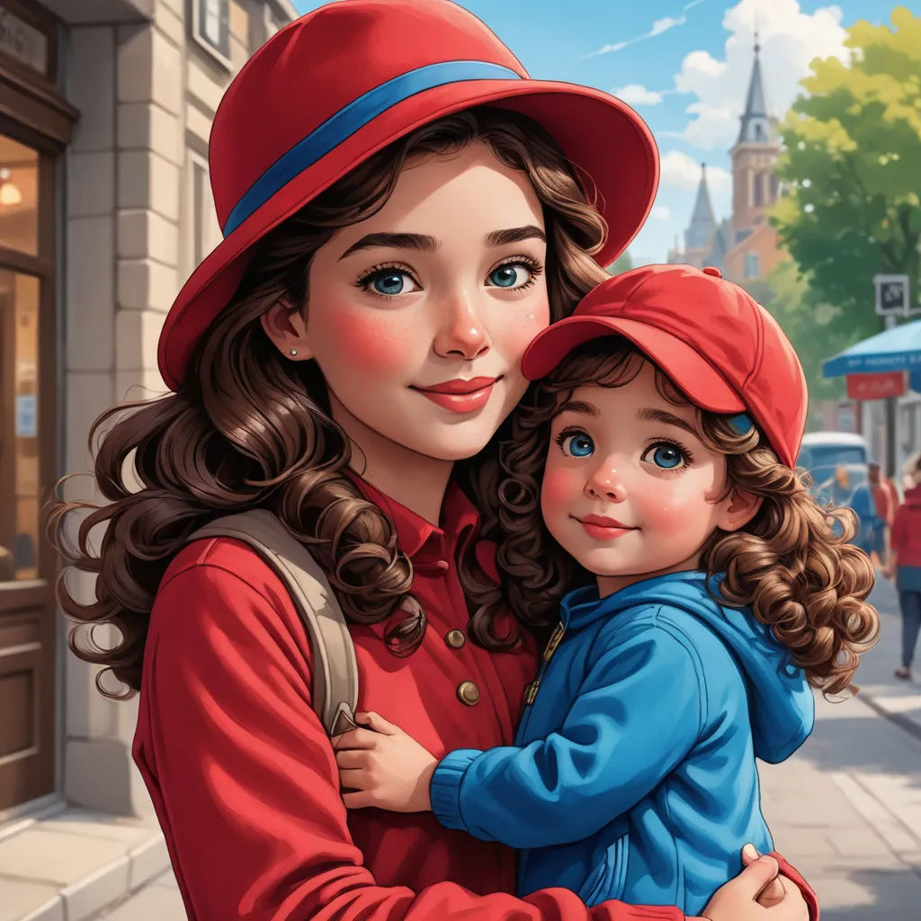 a painting of a woman holding a child on the street with a city in the background and a bus in the foreground, photorealism, a storybook illustration, disney, highly detailed digital painting