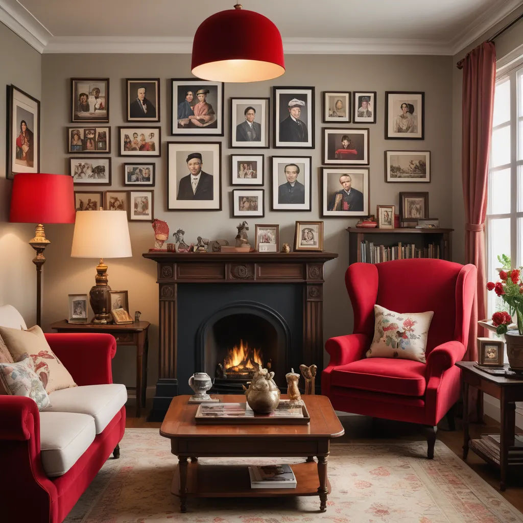 a living room with a fire place and a fire place in the corner of the room with pictures on the wall, arts and crafts movement, a flemish Baroque, Enguerrand Quarton, rembrandt lighting