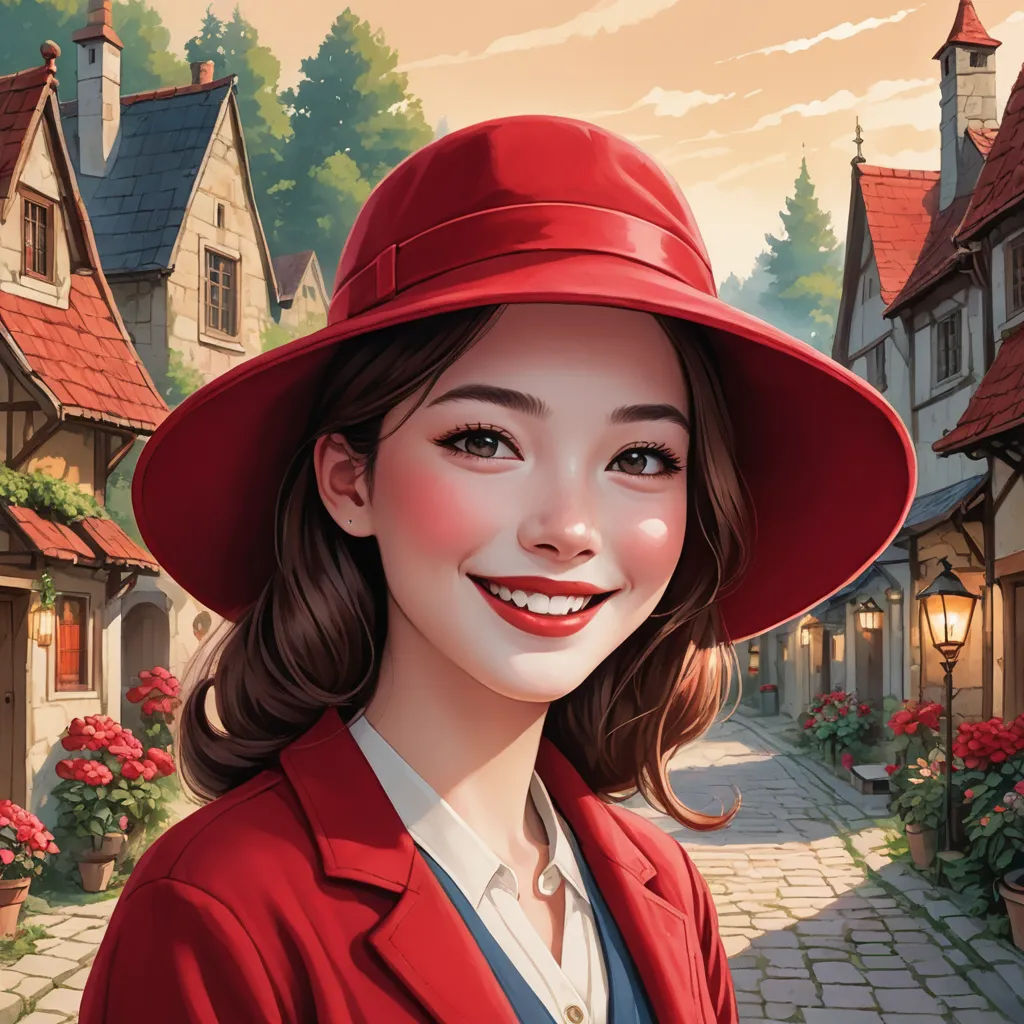 a painting of a woman in a red hat and red jacket in a street with houses and flowers in the background, american scene painting, a character portrait, Edwin Georgi, rossdraws global illumination