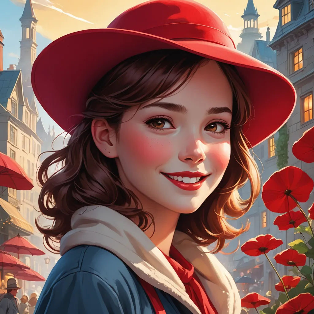 a woman in a red hat and a red dress and a red umbrella and some buildings and flowers and a red umbrella, fantasy art, a detailed painting, Artgerm, rossdraws global illumination