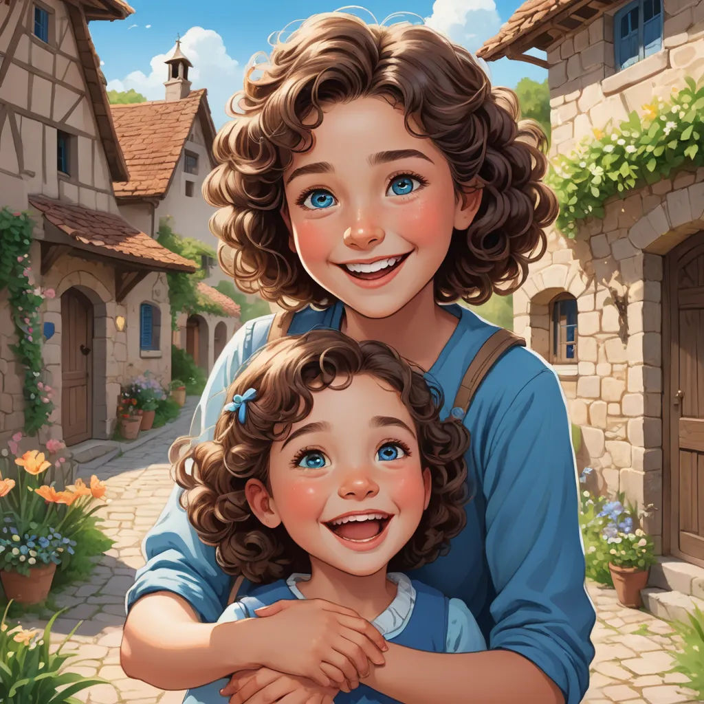 a painting of a mother and daughter hugging each other in front of a house with flowers and a cobblestone path, fantasy art, a storybook illustration, Brothers Hildebrandt, kinkade