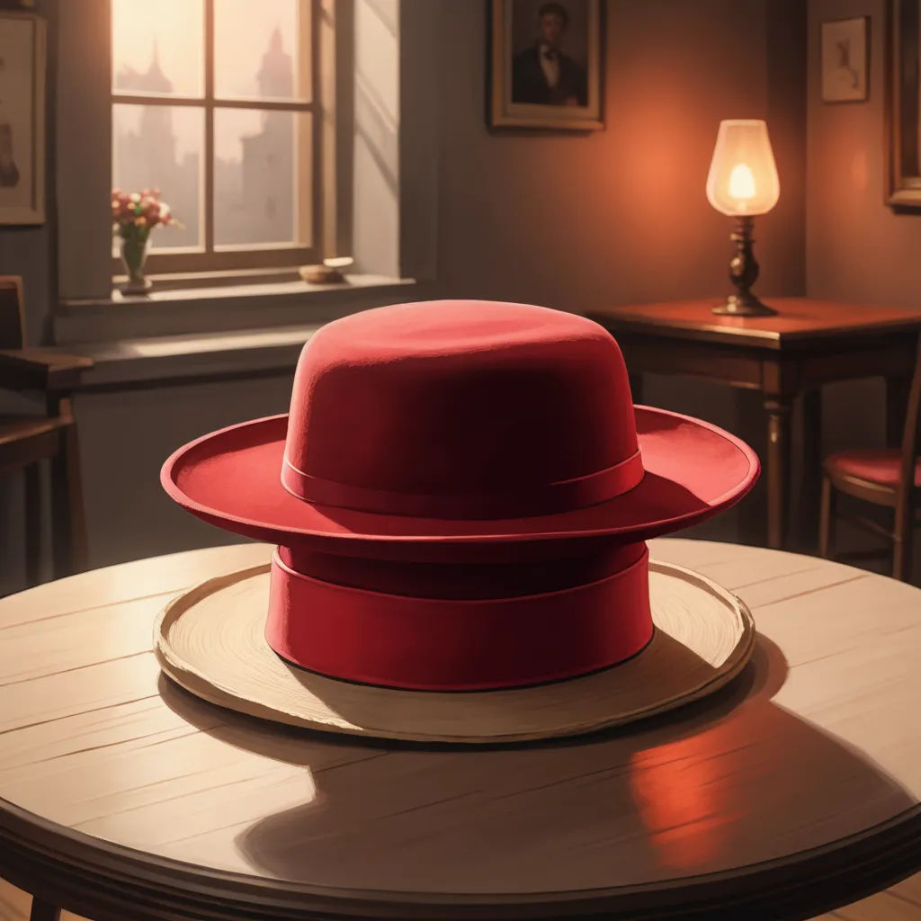a red hat sitting on top of a wooden table next to a window in a room with a lamp, harlem renaissance, a painting, Edward Hopper, official art