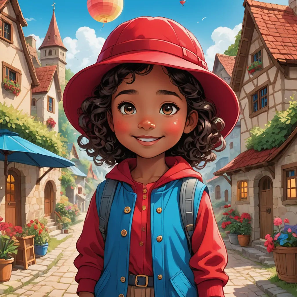 a young girl in a red hat and blue jacket standing in front of a village with a red balloon, fantasy art, a storybook illustration, Cliff Childs, comic cover art
