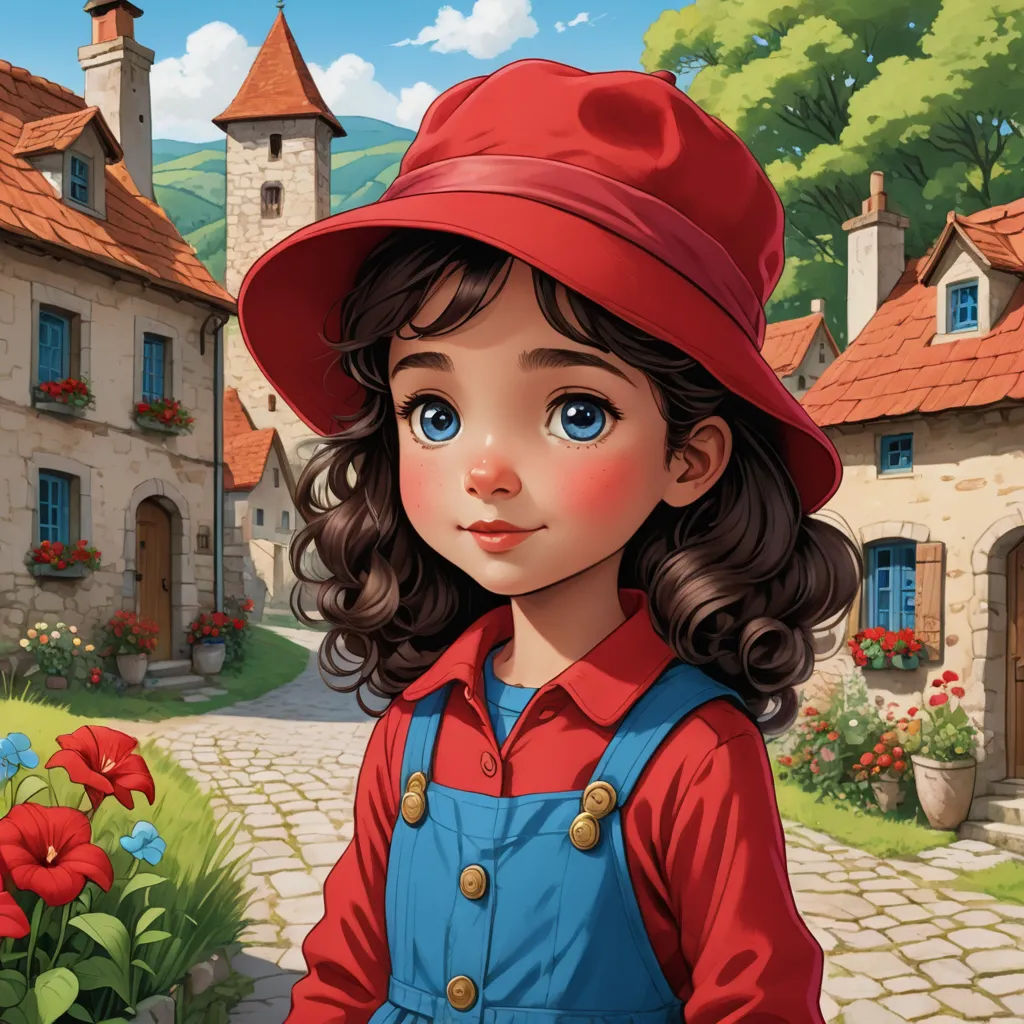 a little girl in a red hat and blue overalls standing in front of a house with a red roof, fantasy art, a storybook illustration, Alice Prin, storybook illustration