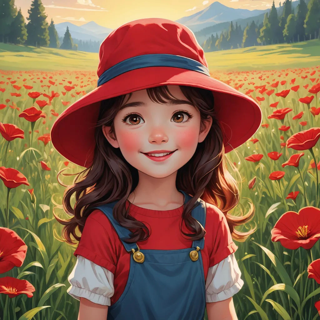 a painting of a girl in a red hat in a field of flowers with mountains in the background and a sun shining, color field, a storybook illustration, Artgerm, rossdraws global illumination