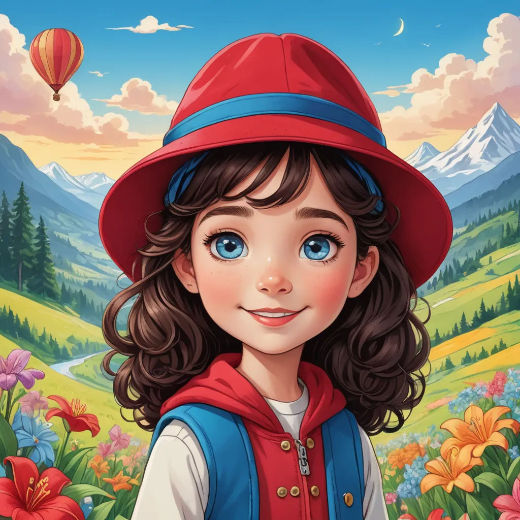 a cartoon girl with a red hat and blue eyes in a field of flowers and mountains with a hot air balloon, color field, a character portrait, Ada Hill Walker, highly detailed digital painting