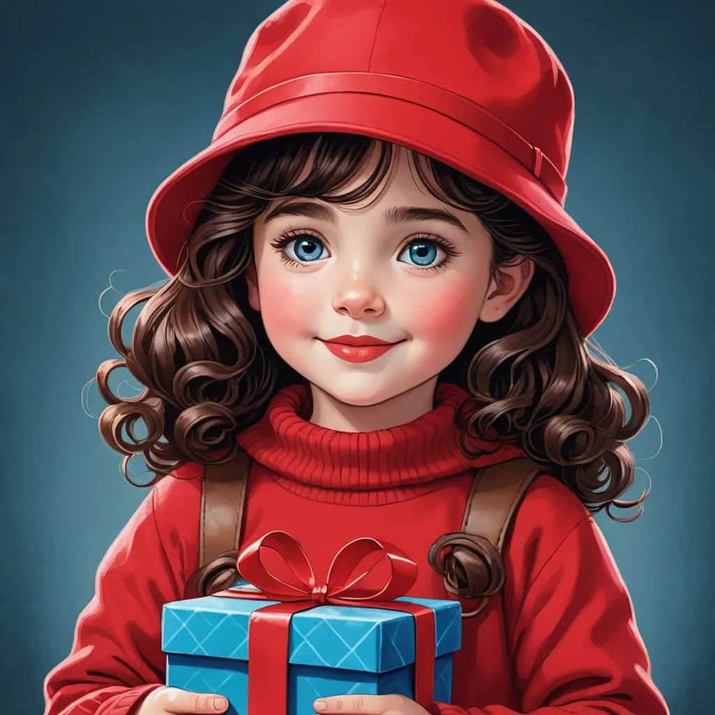 a painting of a little girl holding a blue gift box with a red bow on it's neck, pop surrealism, a digital painting, Evaline Ness, highly detailed digital painting