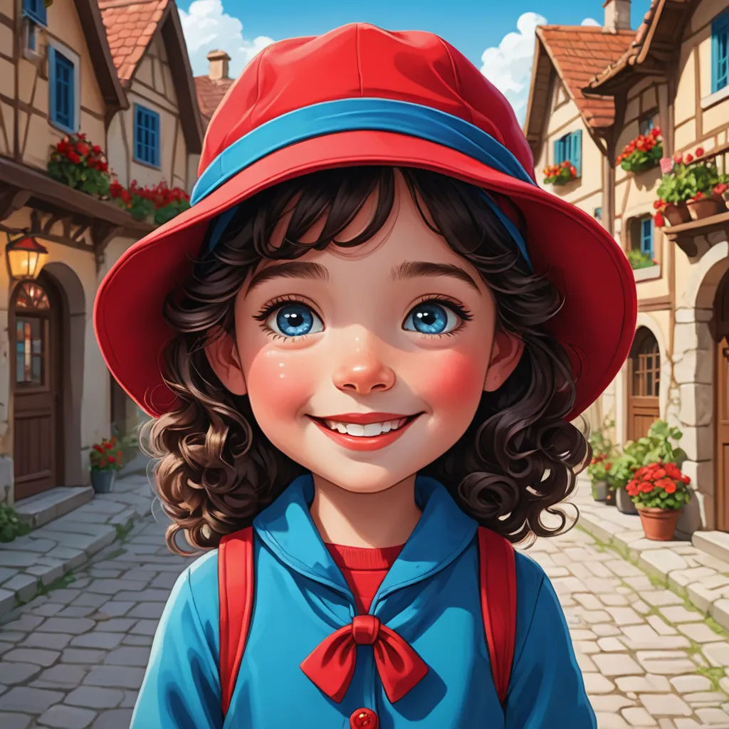 a cartoon girl with a red hat and blue shirt and red backpack on a cobblestone street with houses, naive art, a storybook illustration, Alice Prin, trending on art station
