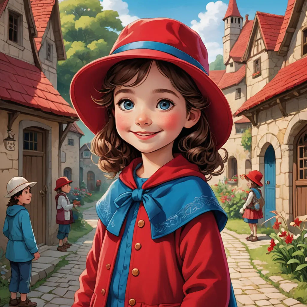 a little girl in a red coat and hat standing in front of a house with a red roof and red roof, american scene painting, a storybook illustration, Bob Byerley, kinkade