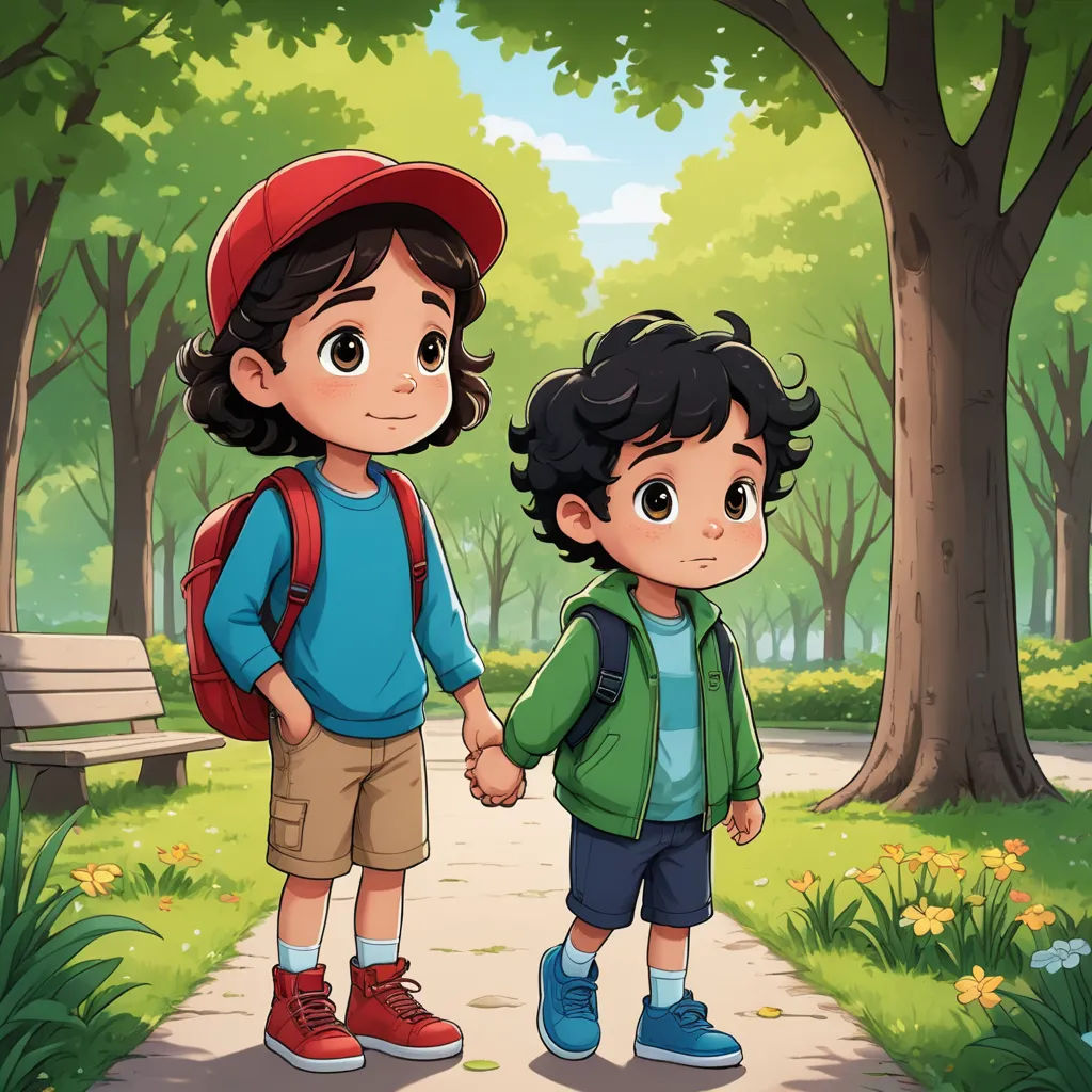 a boy and a girl holding hands while standing in the park with a bench behind them and trees and flowers, serial art, a storybook illustration, Felix-Kelly, official art