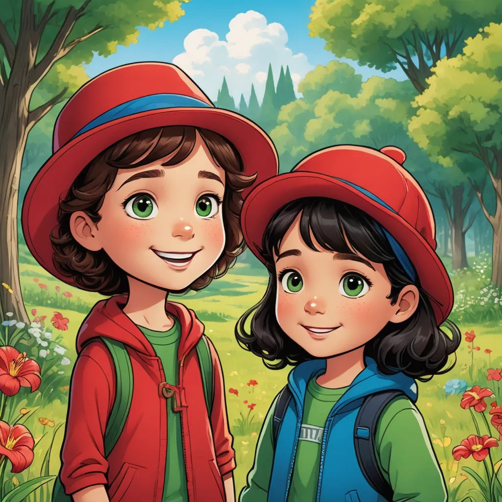 a couple of kids standing next to each other in a forest with flowers and trees behind them and a cartoon style, lyco art, a storybook illustration, Anne Said, promotional image