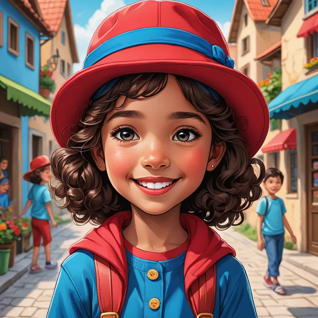 a cartoon girl with a red hat and blue shirt and a red backpack and a blue shirt and a red backpack, photorealism, a storybook illustration, Constance Gordon-Cumming, professional digital painting
