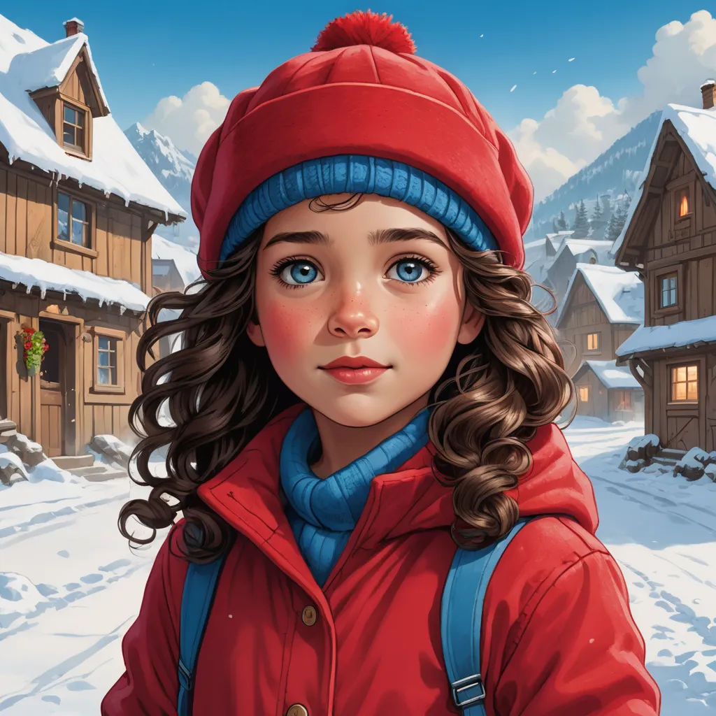 a painting of a girl in a red jacket and a red hat in front of a snowy village with houses, naive art, an ultrafine detailed painting, Brothers Hildebrandt, highly detailed digital painting